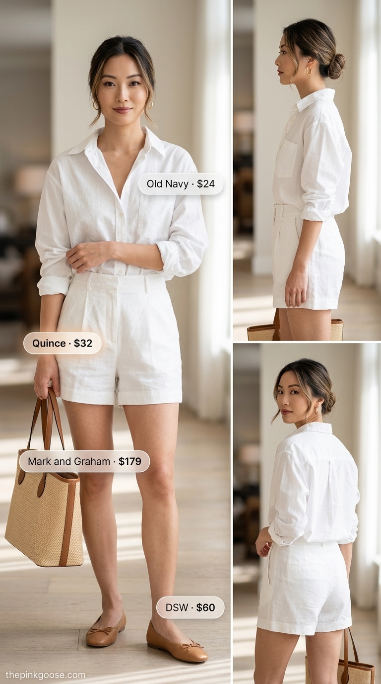 Airport Outfits for Women Summer 2026: Resort Chic Travel Airport outfits for women summer 2026: Linen shorts, oversized shirt, ballet flats, woven tote for resort travel.