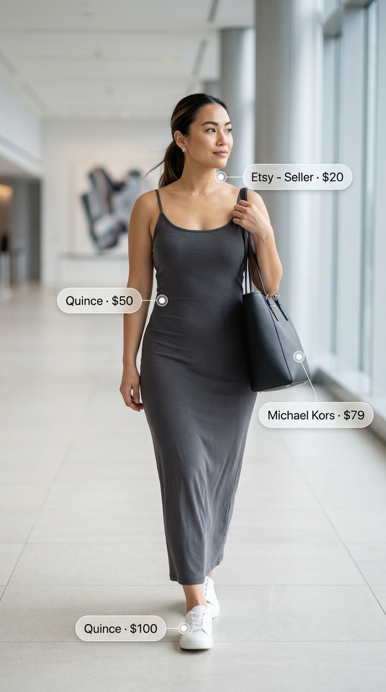 Airport Outfits for Women Summer 2026: Luxe Travel Comfort Airport outfits for women summer 2026: Charcoal maxi dress, leather tote, sneakers, silk scarf for luxury travel.
