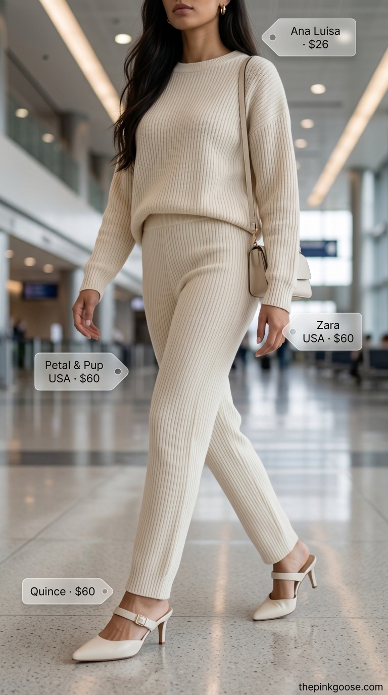 Monochromatic Airport Outfits for Women Summer 2026 Chic airport outfits for women summer 2026: Cream knit matching set, tan mules, gold accessories.