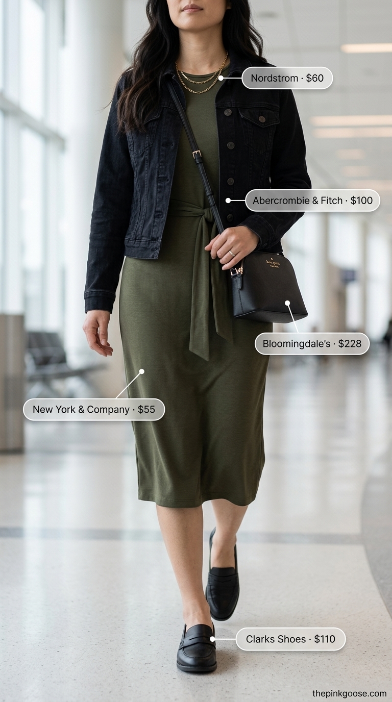 Airport Outfits for Women Summer 2026: Chic Travel Style Airport outfits for women summer 2026: Olive knit midi dress, denim jacket, loafers, crossbody bag for travel.