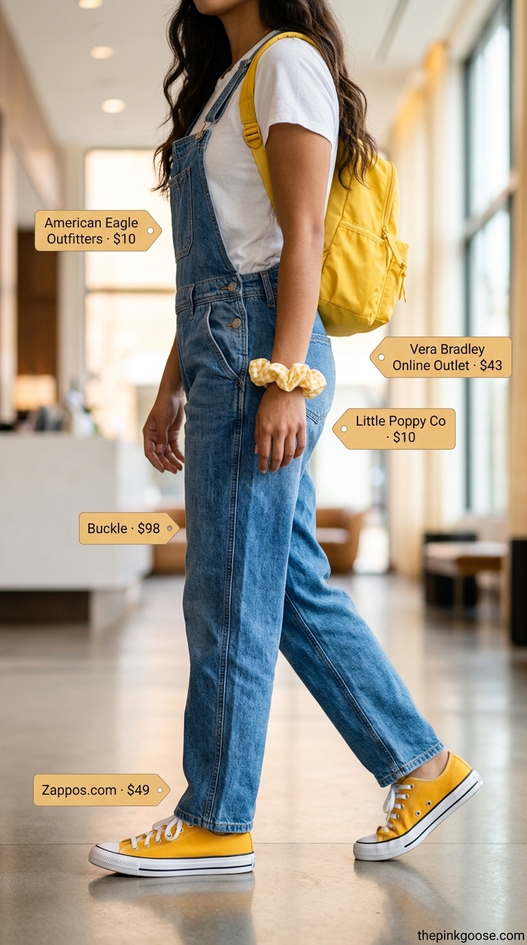 Playful airport outfits for women summer 2026: Denim overalls, white tee, yellow sneakers.