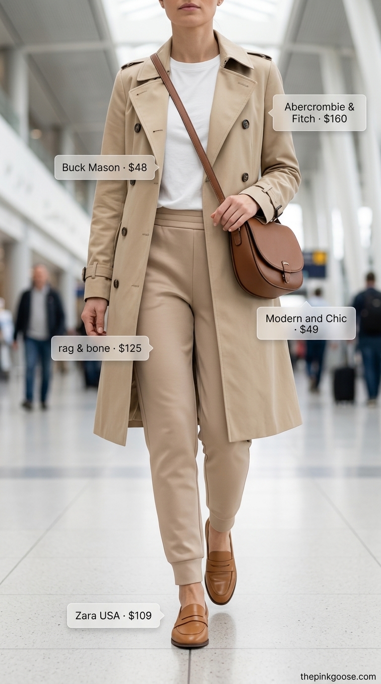 Polished Airport Outfits for Women Summer 2026 Sophisticated airport outfits for women summer 2026: Beige joggers, white tee, camel trench coat.