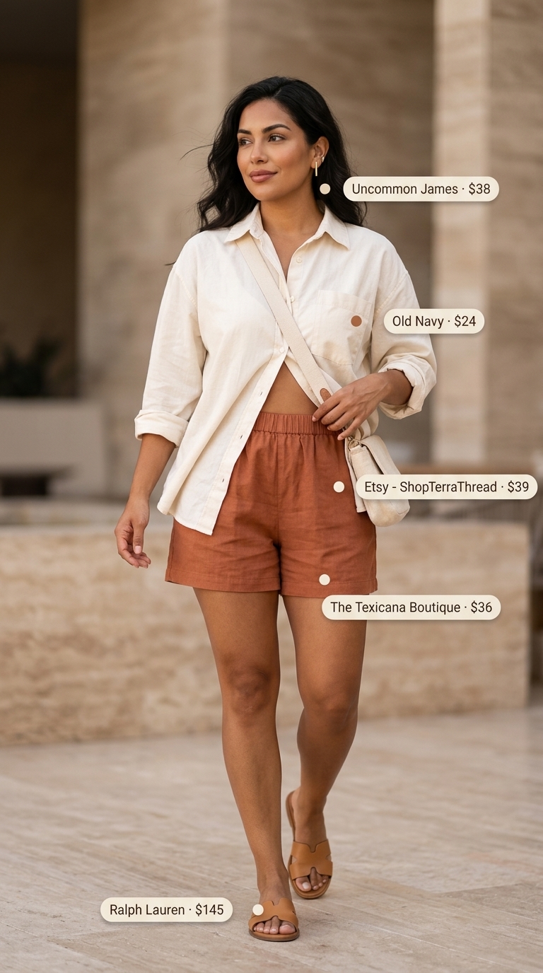 Resort Airport Outfits for Women Summer 2026 Casual airport outfits for women summer 2026: Terracotta shorts, cream oversized shirt, tan slides.