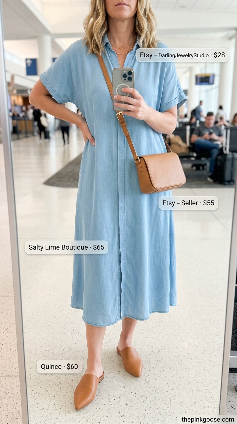 Airport Outfits for Women Summer 2026: Business Travel Style Airport outfits for women summer 2026: Sky blue shirt dress, crossbody bag, leather mules for business travel.