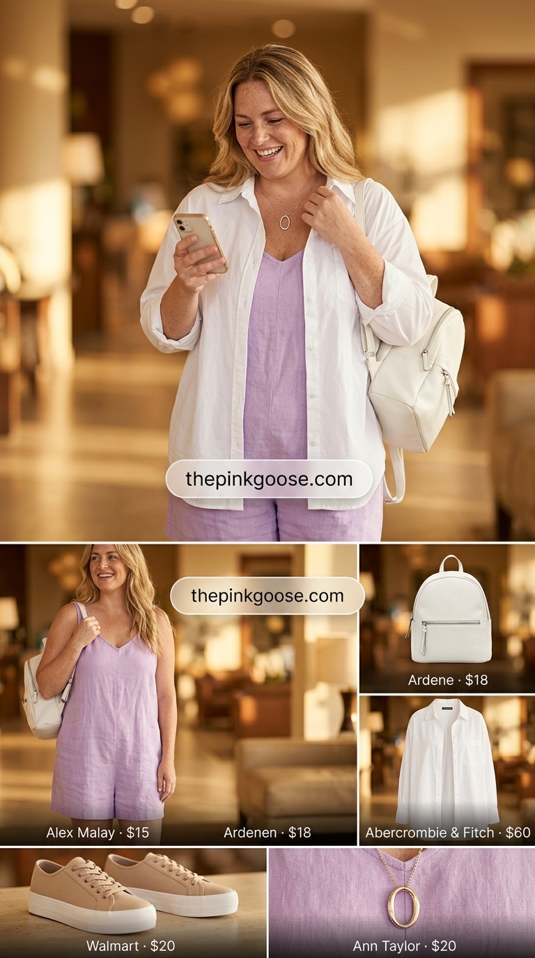 Playful Airport Outfits for Women Summer 2026 Playful airport outfits for women summer 2026: Lavender romper, white button-down, platform sneakers, and mini backpack.