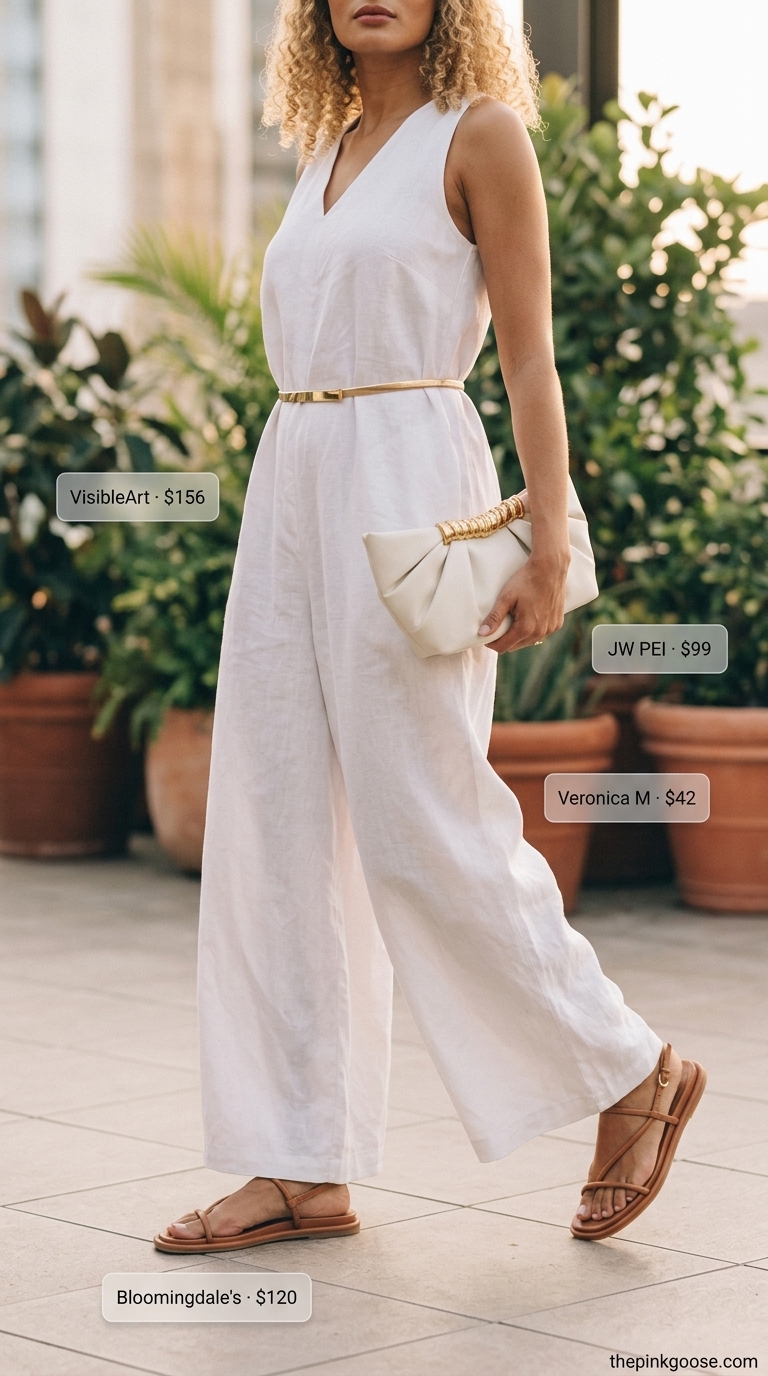 White linen wide-leg jumpsuit with gold belt and tan sandals for a chic summer evening outfit 2026.