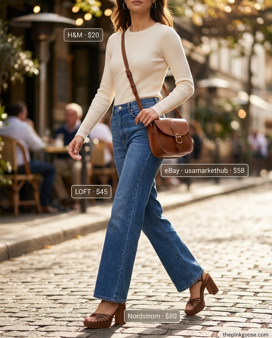 Cream and brown striped fitted top with medium wash high-waisted flare denim trousers for a retro look 2026.