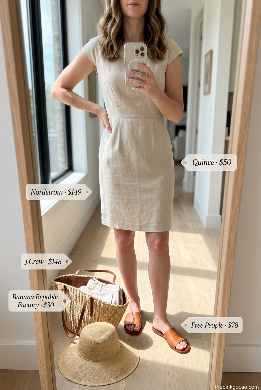 Linen shorts & cap sleeve top set with straw hat & slides for coastal summer style.