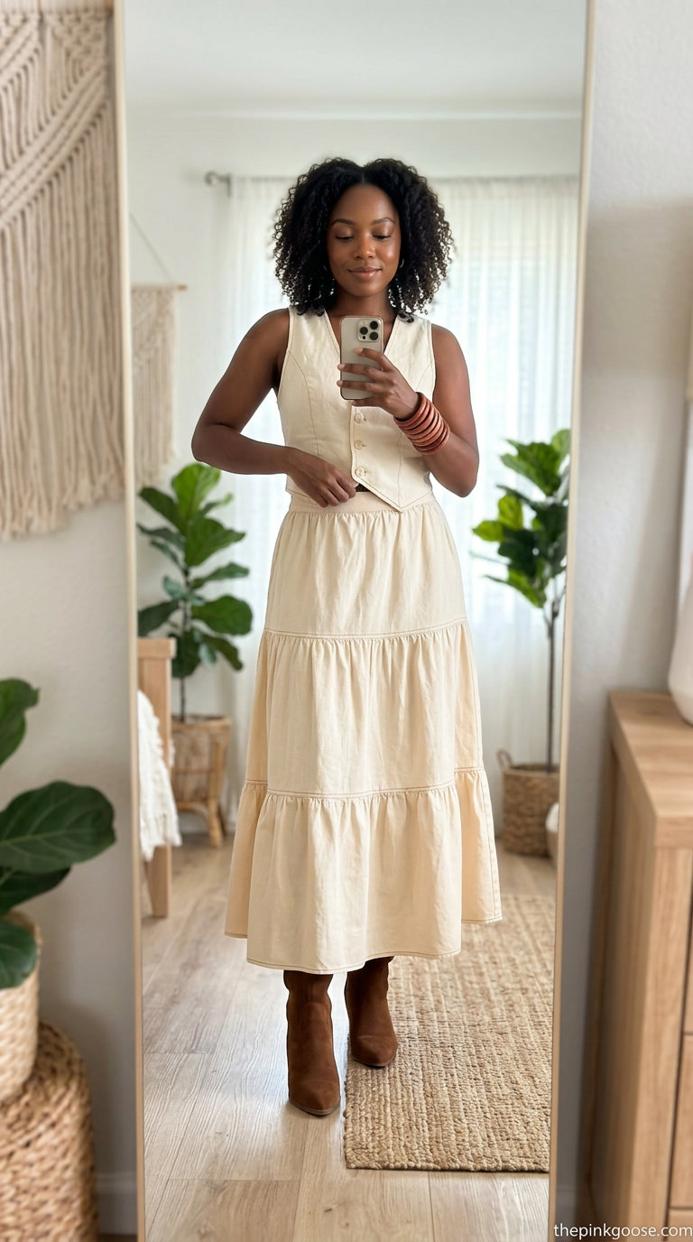 Alternative: Cream linen blouse with a tiered sand midi skirt for a boho festival look. Summer linen blouses for women 2026.