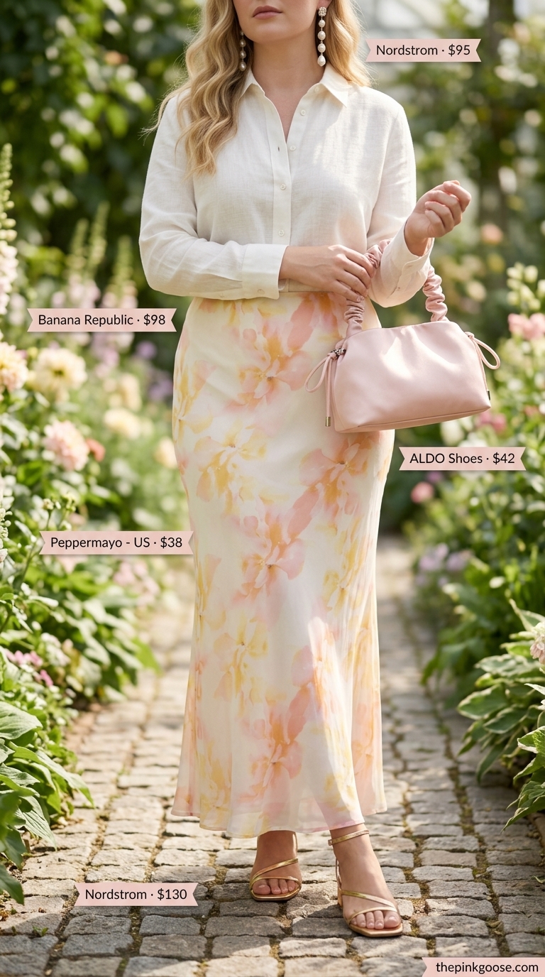 Alternative: Ivory linen blouse with a pastel floral maxi skirt for a romantic garden party. Summer linen blouses for women 2026.