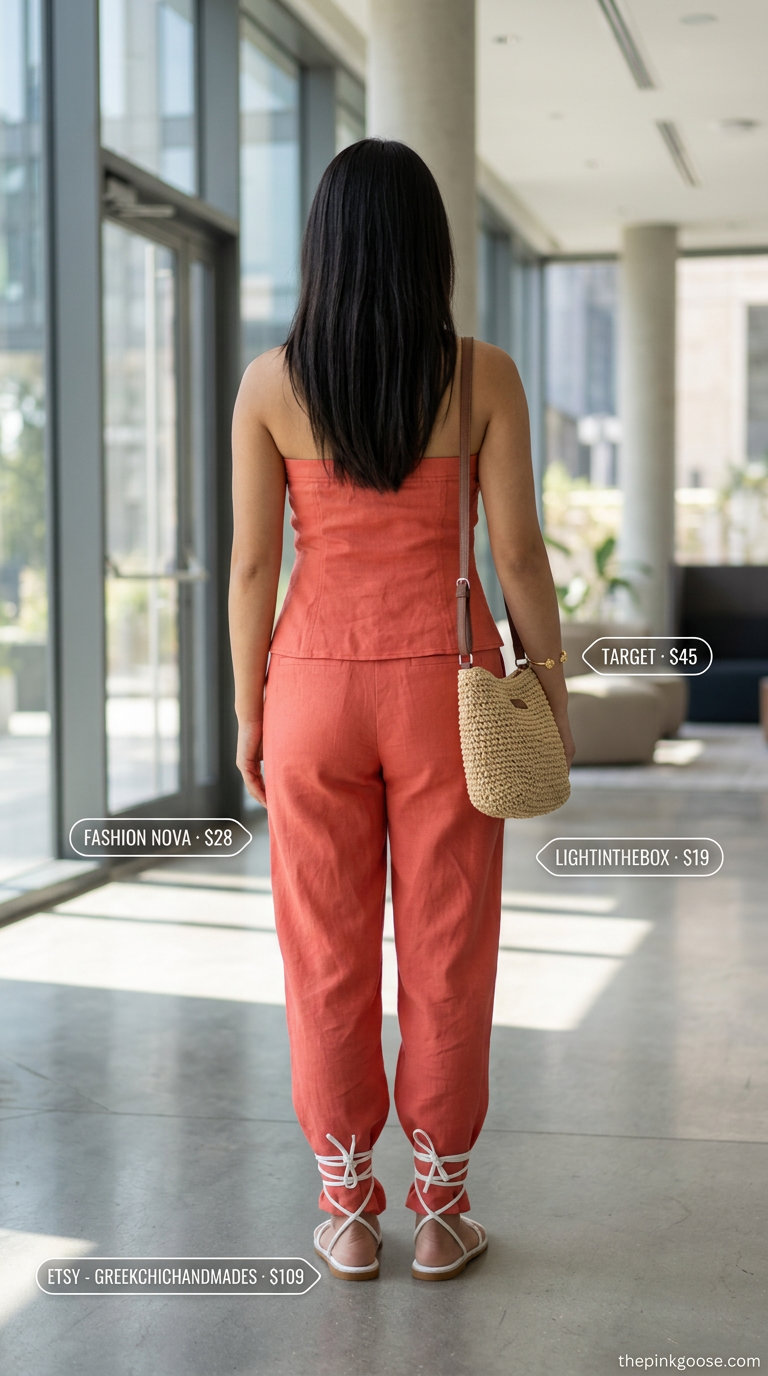 Chic summer linen co-ord set for women 2026: coral bandeau top & wide-leg pants, white sandals.
