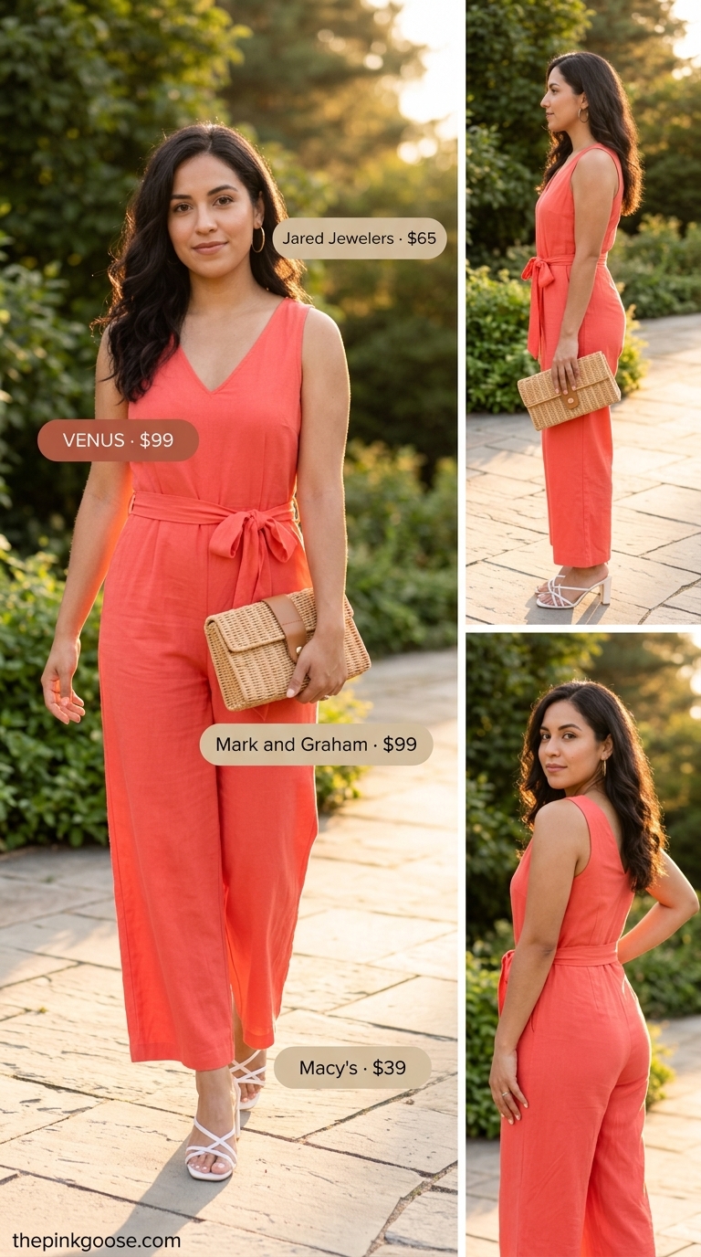 Vibrant coral jumpsuit outfit for women 2026, a chic alternative to trousers for summer evening events and cocktail parties.