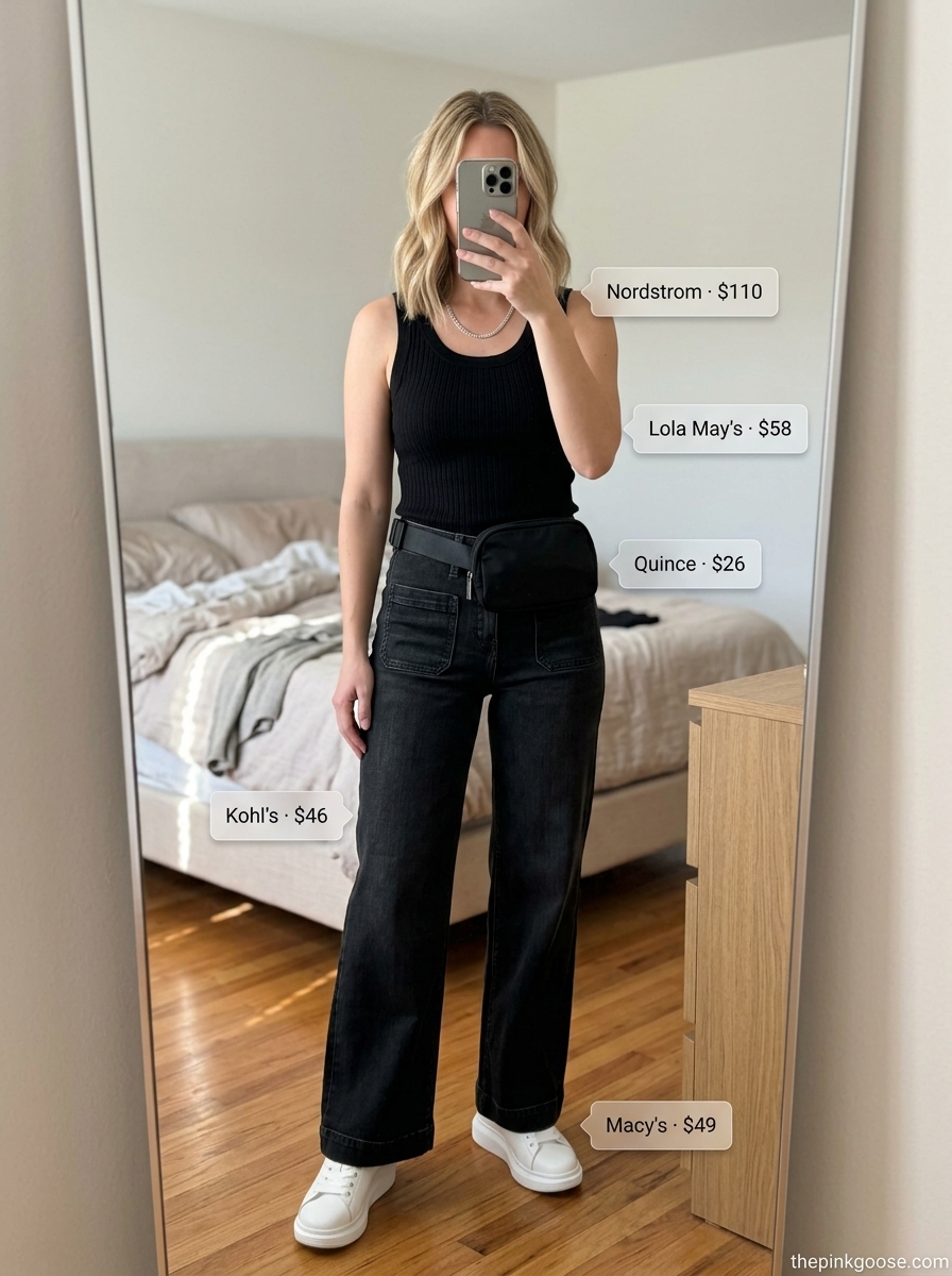 Cargo pants outfit for summer 2026, not cropped jeans. Features olive cargo pants, white tank, chunky sneakers & belt bag.