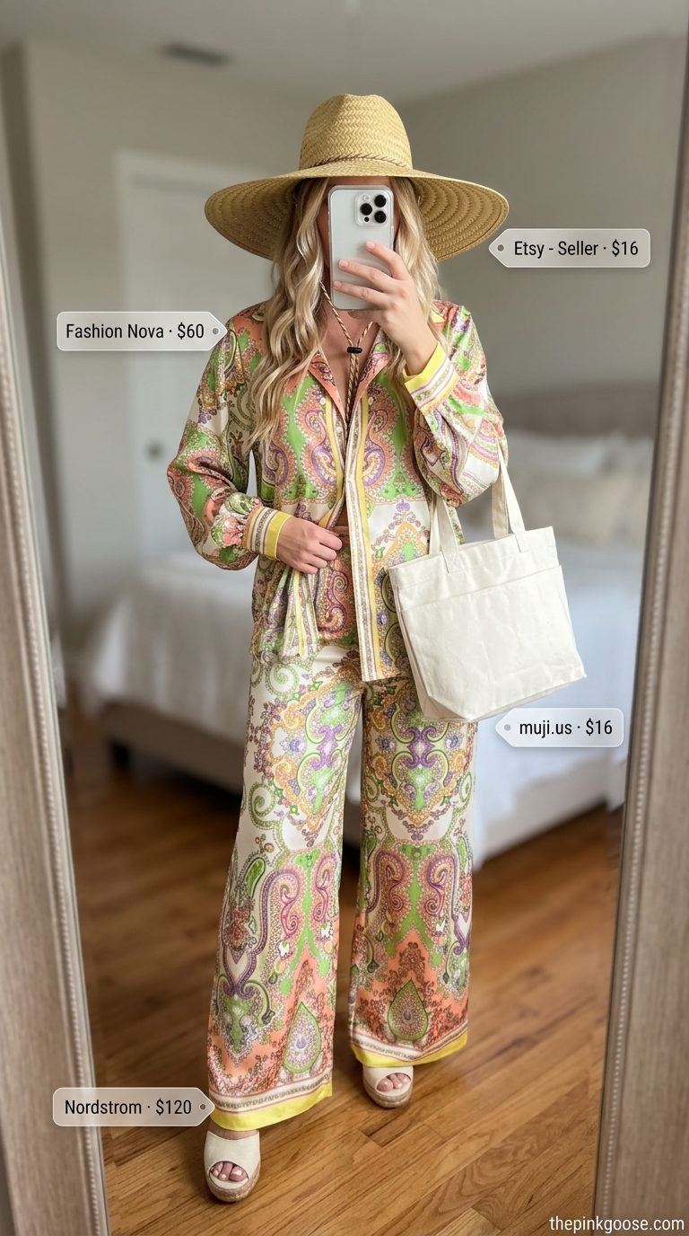 Baggy oversized summer outfit for women 2026: Coral floral maxi dress, straw hat & espadrilles for picnics.