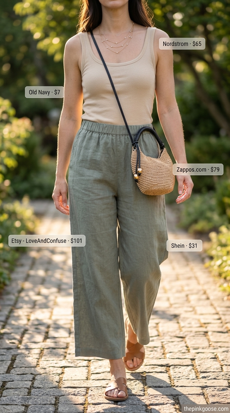 Baggy oversized summer outfit for women 2026: Sage green linen pants, cream tank, tan sandals & straw bag.