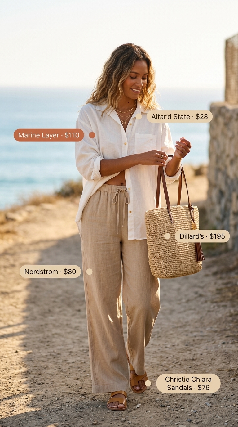 Baggy oversized summer outfit for women 2026: Ecru linen set, tan slides, gold jewelry & straw tote.