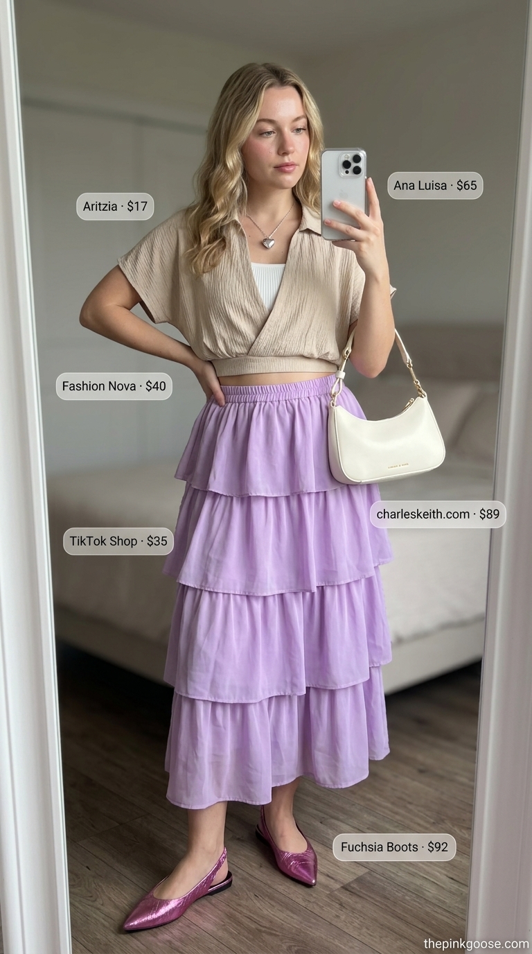 Baggy oversized summer outfit for women 2026: Lavender chiffon midi skirt, white crop top, silver flats & bag.
