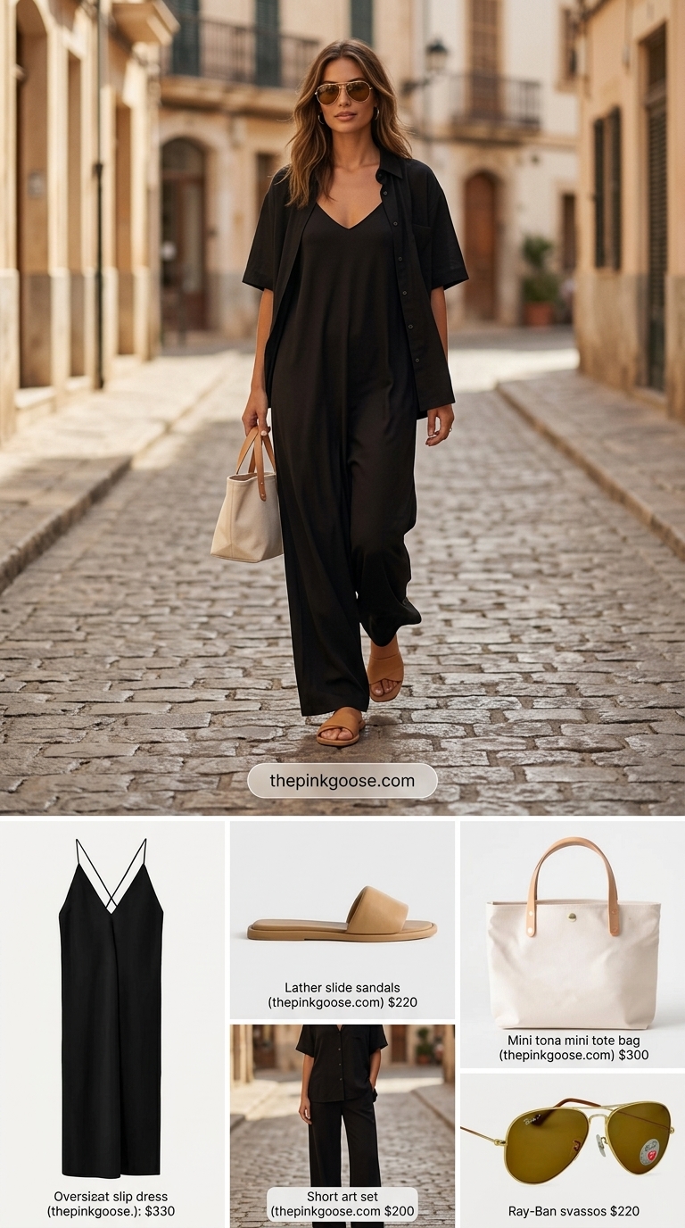 Baggy oversized summer outfit for women 2026: Black slip dress, canvas tote & tan slides for casual days.