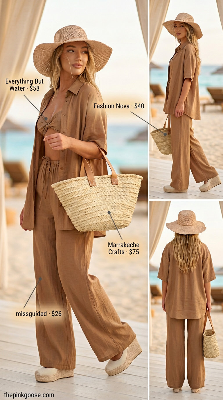 Baggy oversized summer outfit for women 2026: Beige linen set with straw hat for beachy vibes.