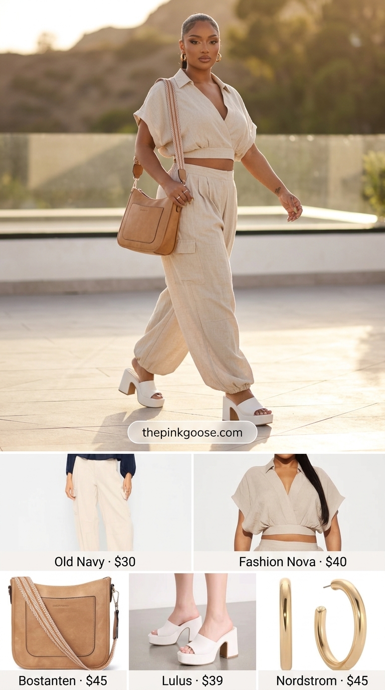 Baggy oversized summer outfit for women 2026: Stone cargo pants and shirt set, platform sandals, gold hoops.