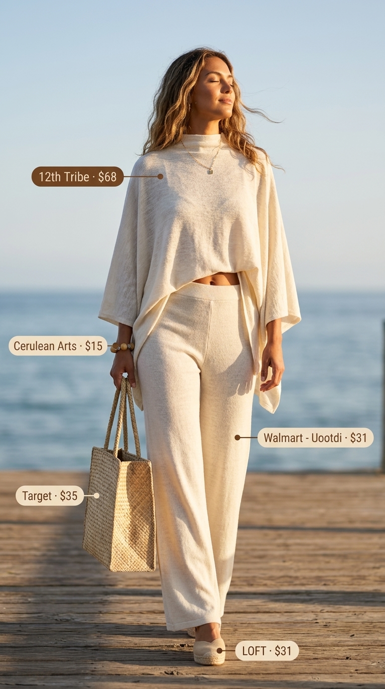 Baggy oversized summer outfit for women 2026: Cream crochet knit set with straw tote for beach resort.