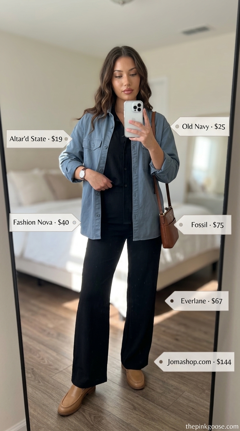 Baggy oversized summer outfit for women 2026: Cream linen shorts with oversized navy shirt for polished casual.