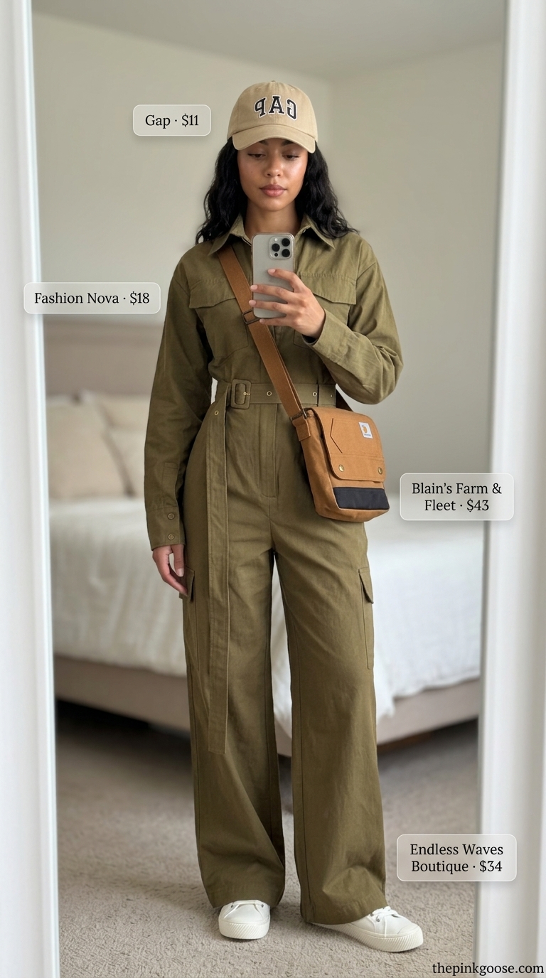 Baggy oversized summer outfit for women 2026: Khaki utility jumpsuit, canvas sneakers, baseball cap.