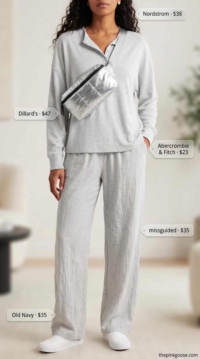 Baggy oversized summer outfit for women 2026: Grey knit set with white sneakers for travel and lounging.