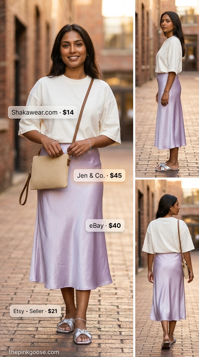 Baggy oversized summer outfit for women 2026: Lavender satin midi skirt, white crop top, silver sandals.