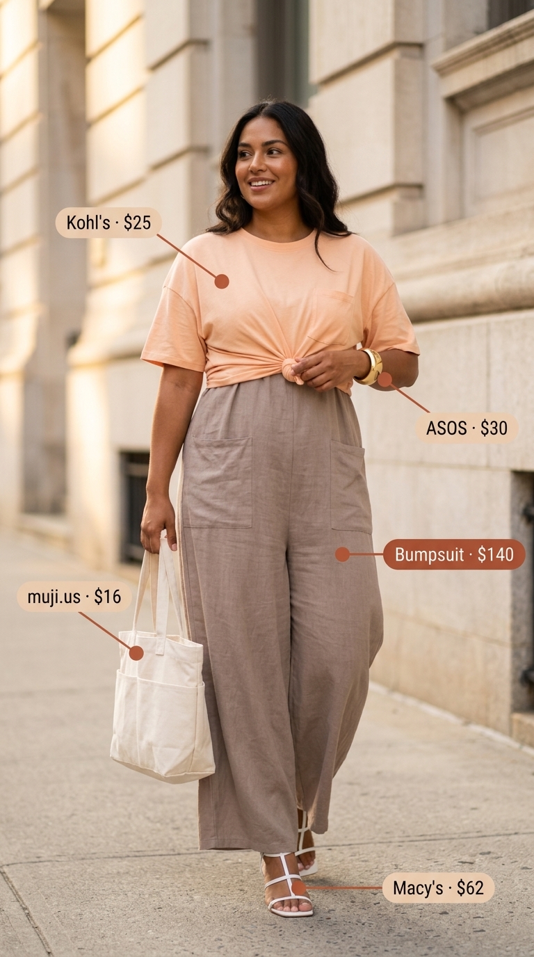 Baggy oversized summer outfit for women 2026: Taupe linen jumpsuit with gold accessories for casual chic.