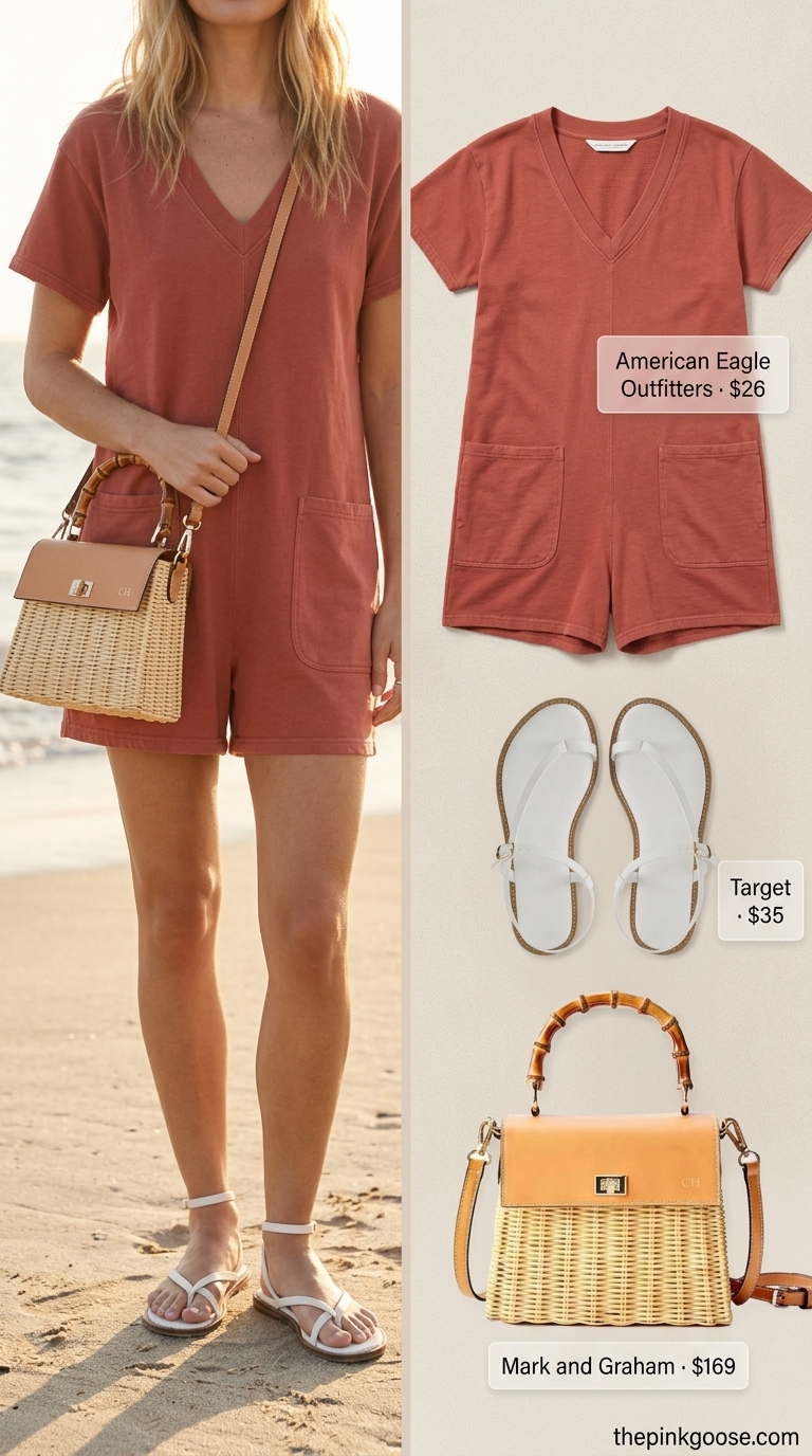 Baggy oversized summer outfit for women 2026: Terracotta linen romper, white sandals, gold earrings, straw bag.