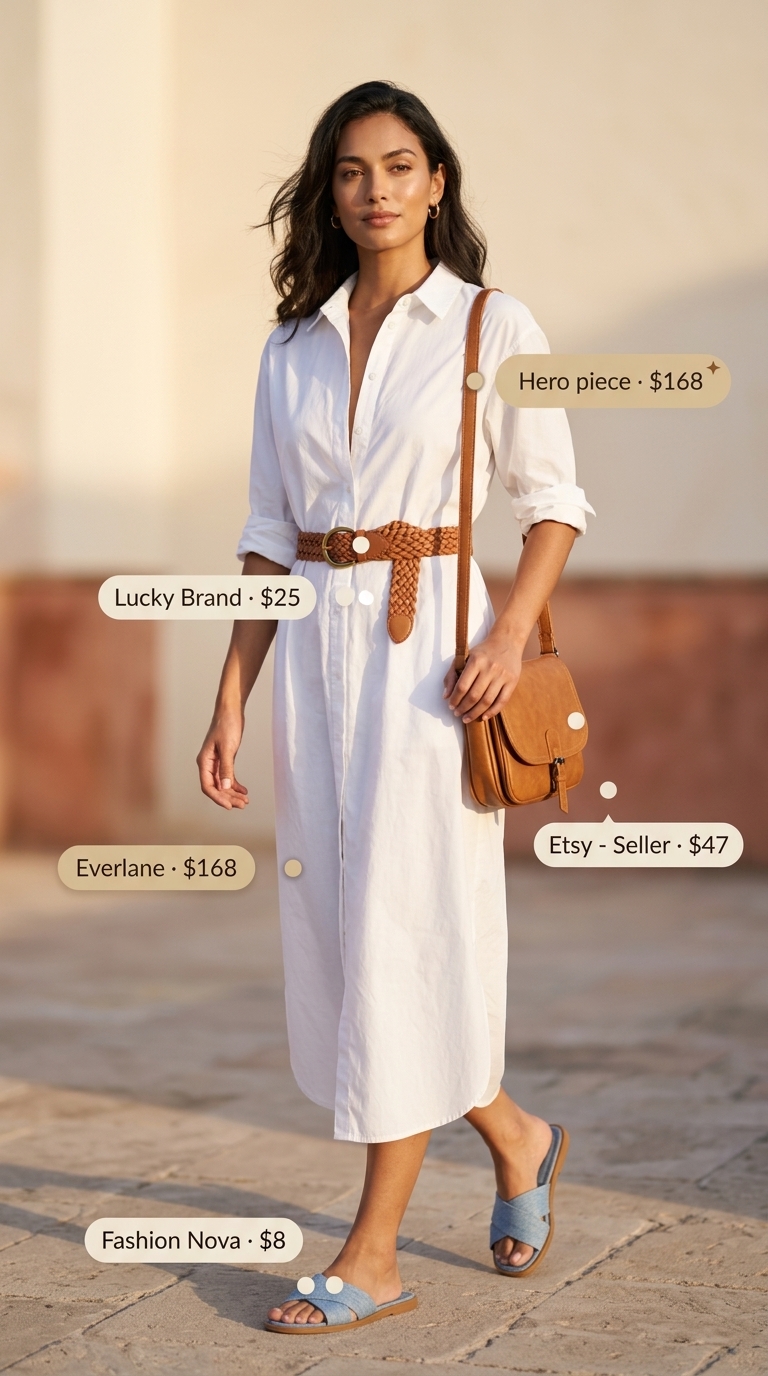 Baggy oversized summer outfit for women 2026: White shirt dress, denim sandals, tan crossbody bag.