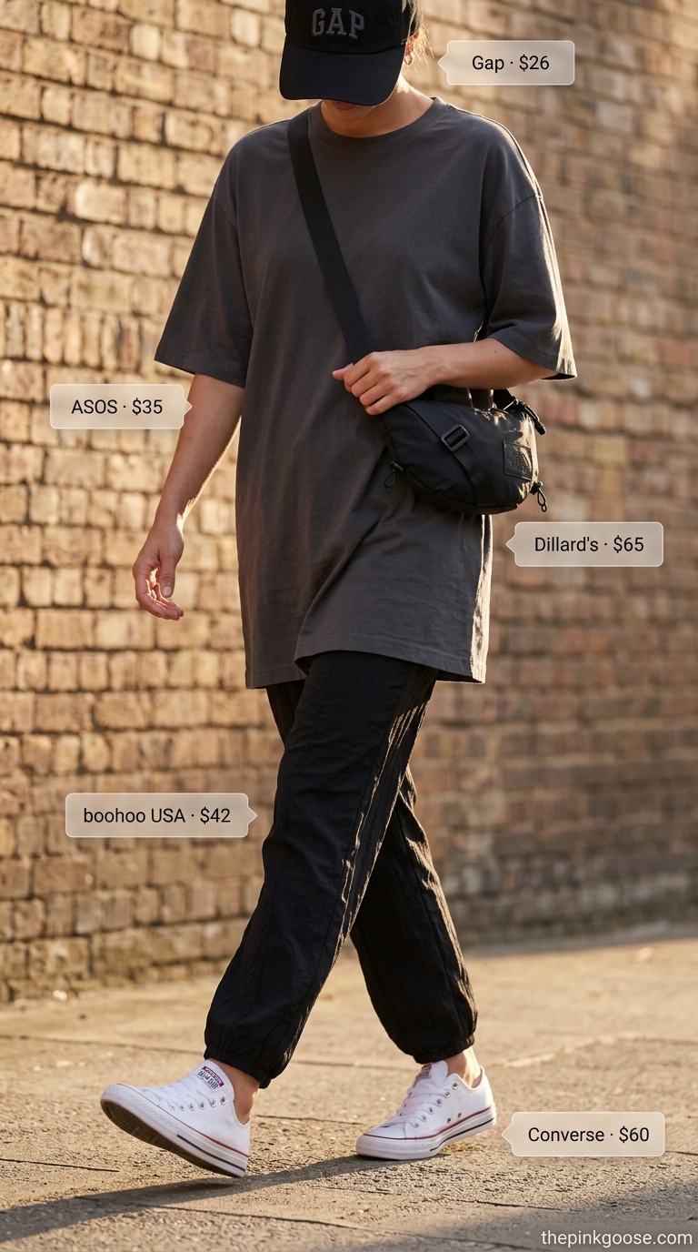 Baggy oversized summer outfit for women 2026: Charcoal t-shirt dress, white sneakers, black crossbody bag.
