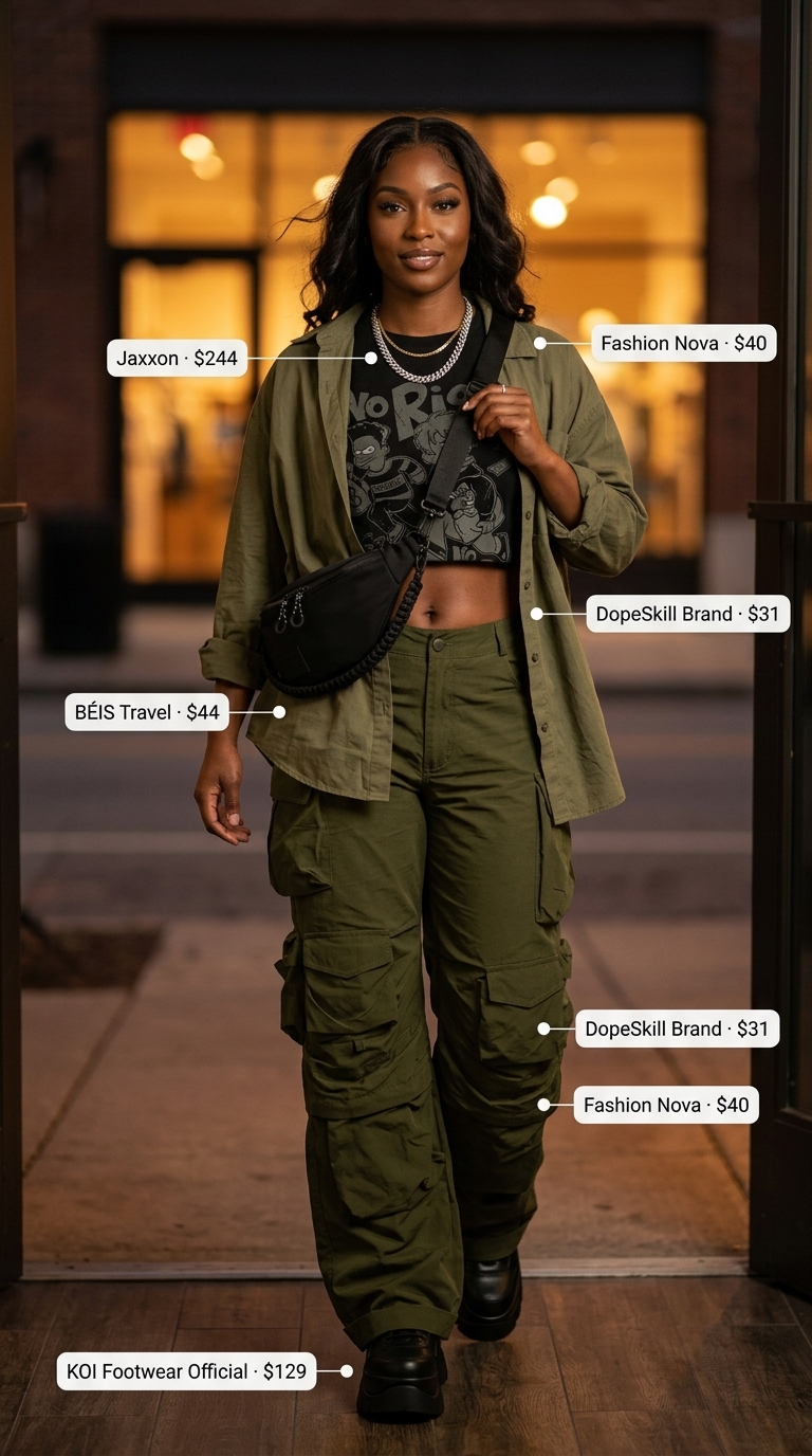 Baggy oversized summer outfit for women 2026: Olive cargo pants with graphic tee and platform sneakers.