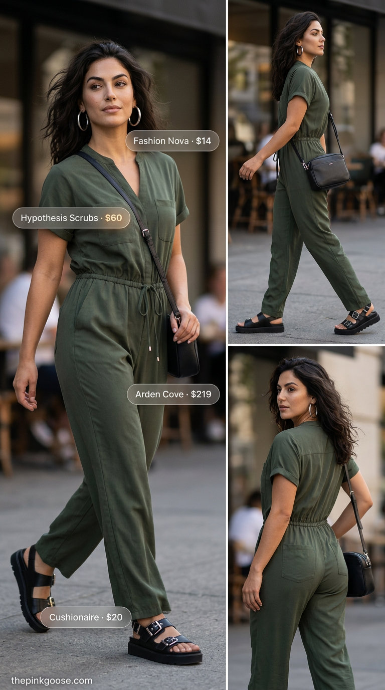 Baggy oversized summer outfit for women 2026: Olive green utility jumpsuit with platform sandals for city chic.