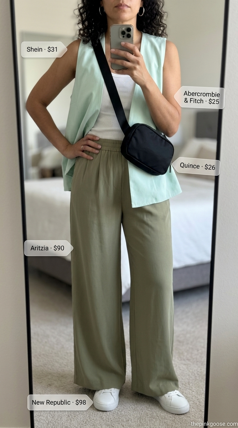 Baggy oversized summer outfit for women 2026: Olive wide-leg pants with ribbed tank and sneakers for city chic.