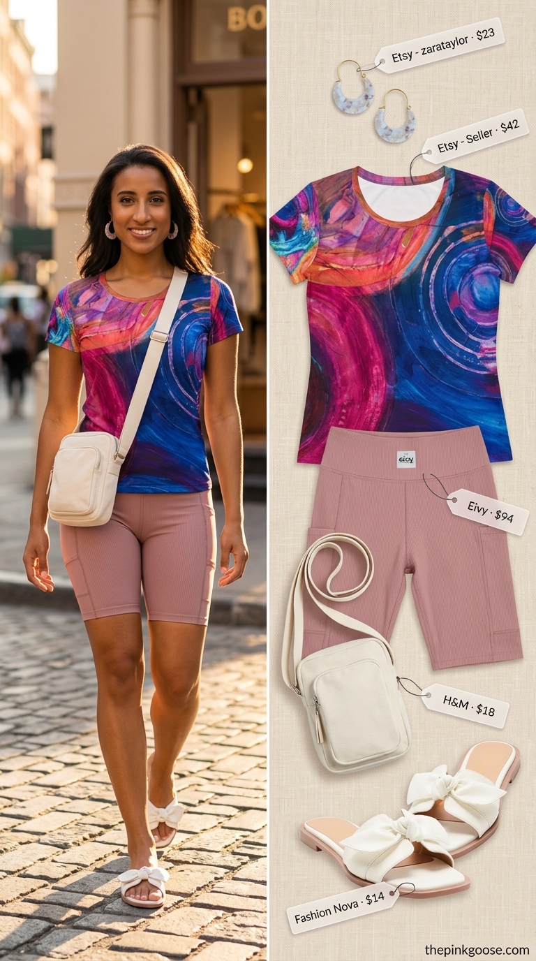 Biker shorts with oversized tee outfits summer for women 2026: Dusty rose biker shorts, art print tee, chunky sandals, canvas bag.