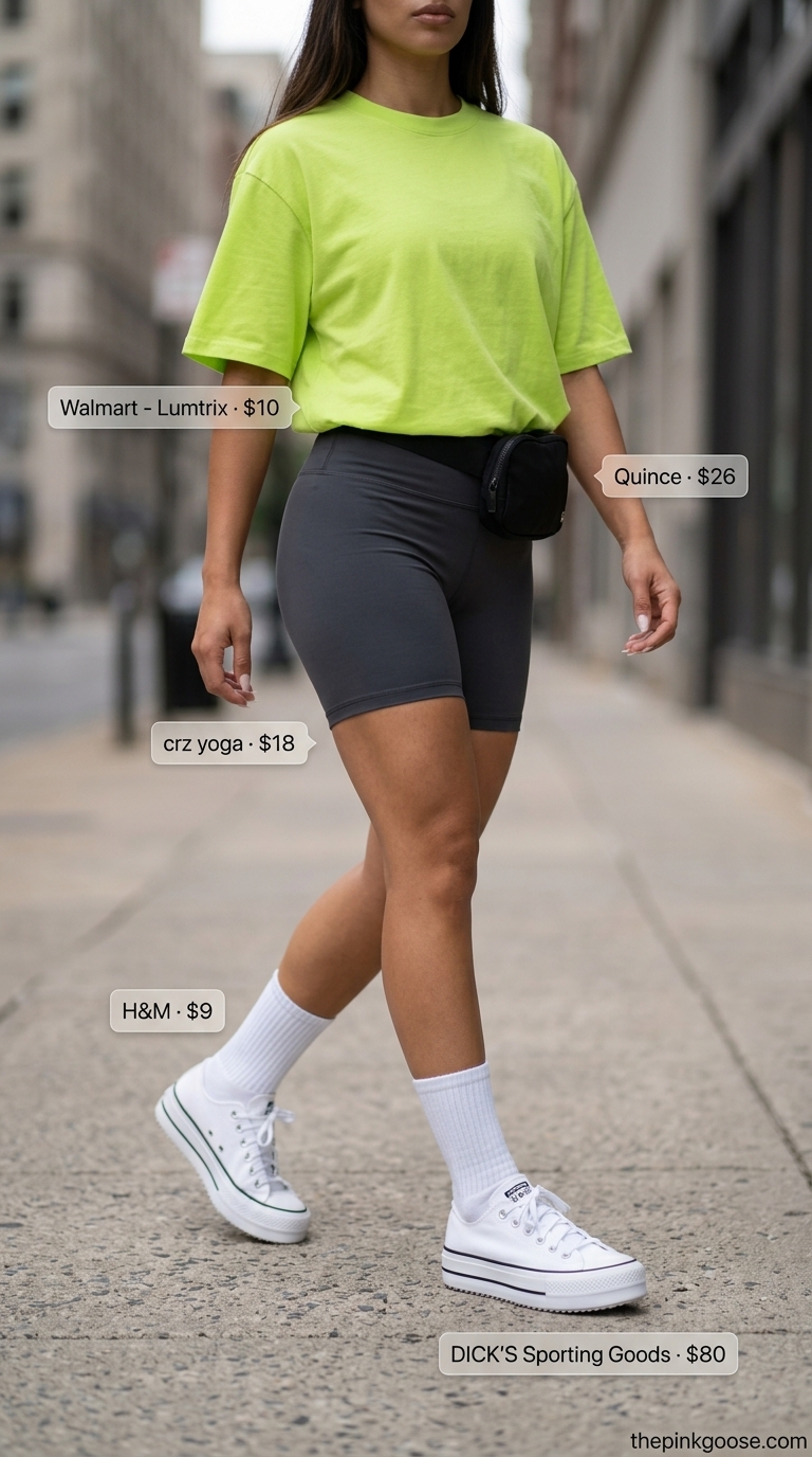 Urban Sporty Chic: Charcoal grey biker shorts, neon lime tee, chunky sneakers, belt bag. Biker shorts with oversized tee outfits summer 2026.