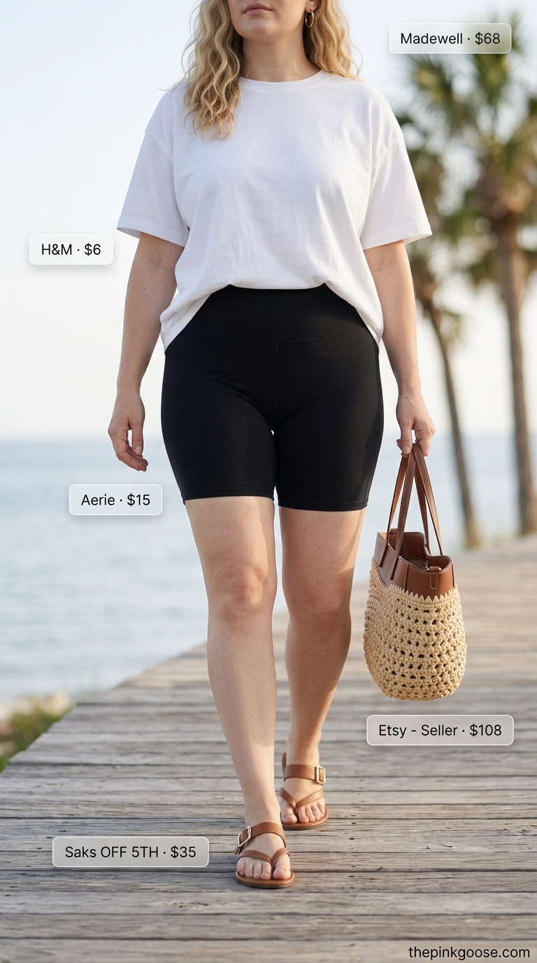 Coastal Morning Coffee Run: Black biker shorts, white oversized tee, straw tote, tan slides. Biker shorts with oversized tee outfits summer 2026.
