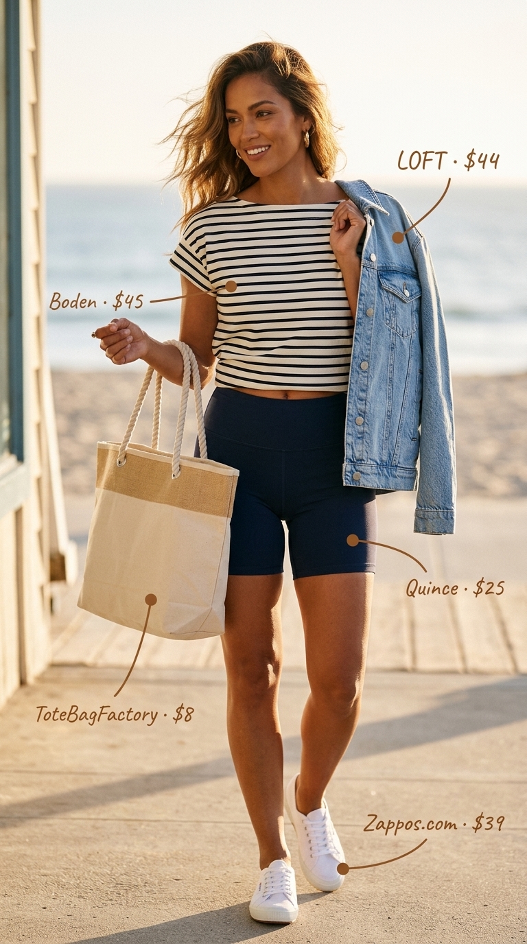 Biker shorts with oversized tee outfits summer for women 2026: Navy biker shorts, striped tee, denim jacket, coastal casual style.