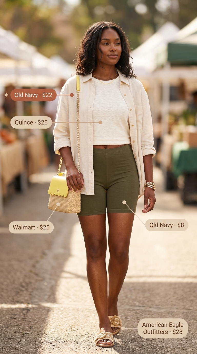 Earthy Summer Explorer: Olive green biker shorts, cream oversized tee, linen shirt, straw bag. Biker shorts with oversized tee outfits summer 2026.