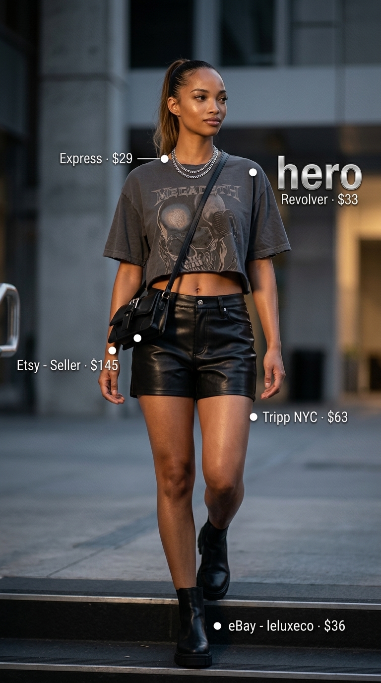 Biker shorts with oversized tee outfits summer for women 2026: Black faux leather biker shorts, band tee, ankle boots, silver chains.