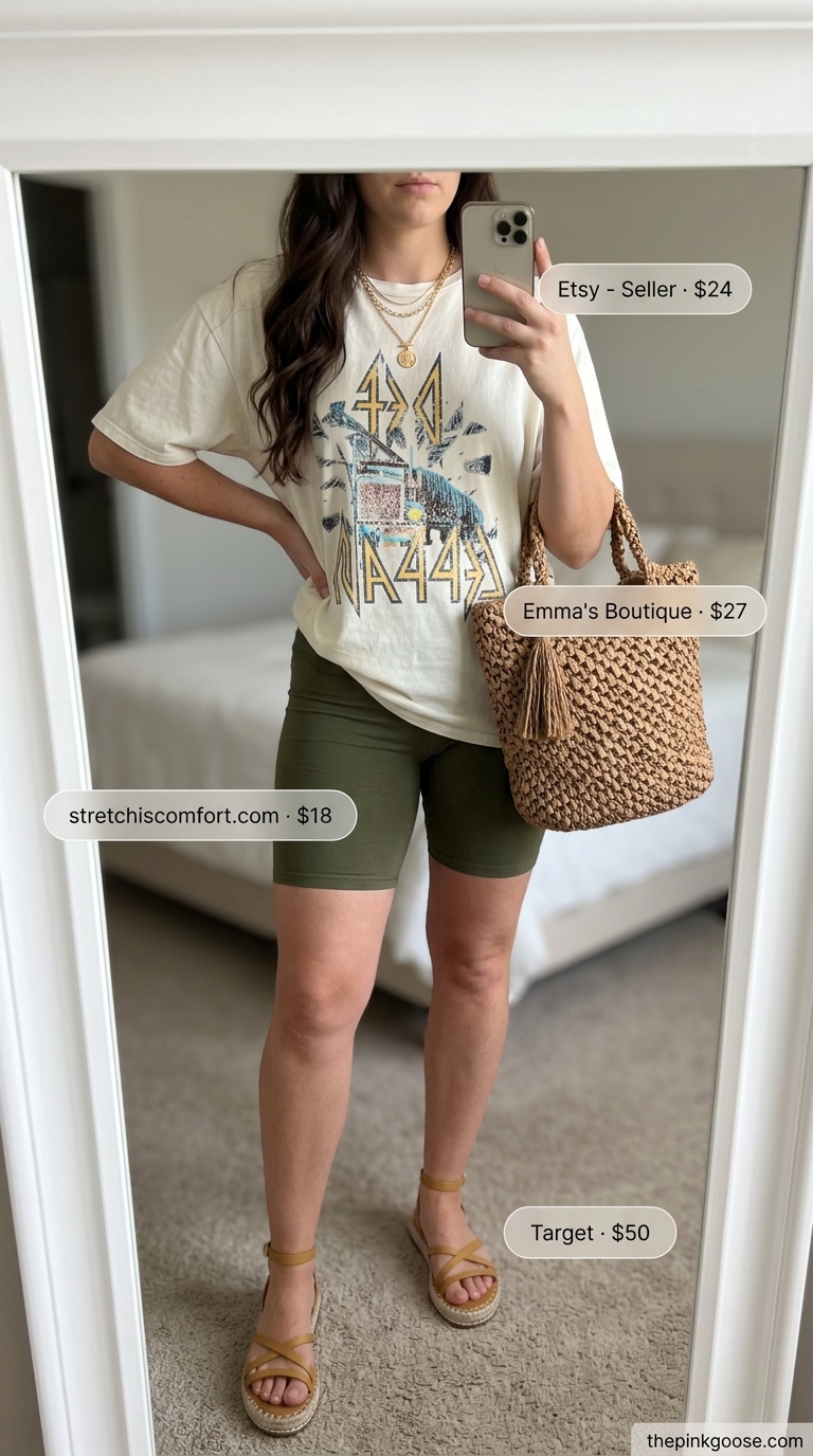 Biker shorts with oversized tee outfits summer for women 2026: Olive biker shorts, band tee, straw bag, espadrilles, layered necklaces.