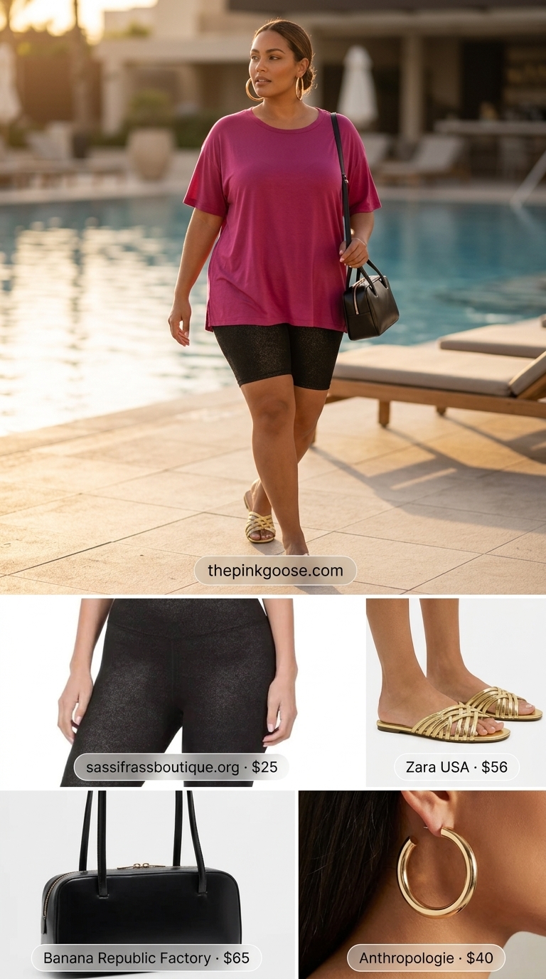 Biker shorts with oversized tee outfits summer for women 2026: Shimmer black biker shorts, hot pink tee, gold accessories, glamorous pool party.