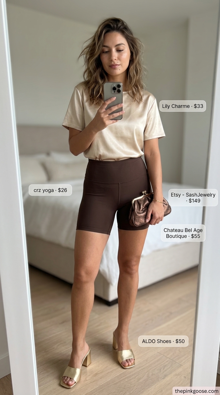 Biker shorts with oversized tee outfits summer for women 2026: Chocolate biker shorts, champagne tee, gold heels, clutch, gold bracelet.