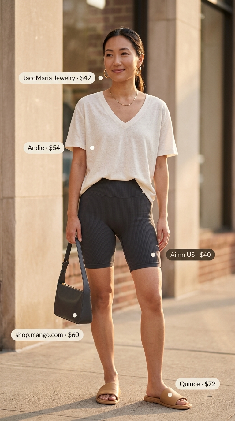 Biker shorts with oversized tee outfits summer for women 2026: Charcoal biker shorts, cream tee, leather slides, gold hoops, mini bag.