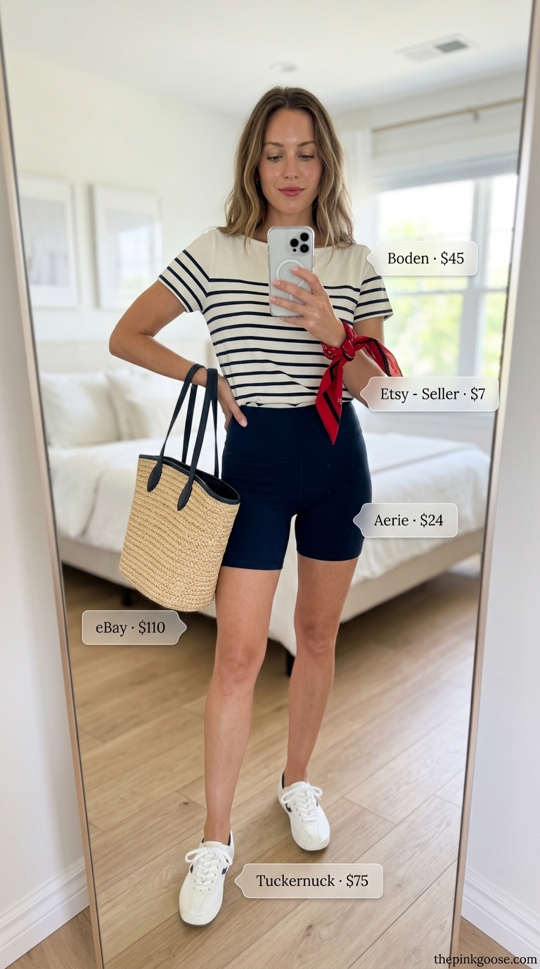 Biker shorts with oversized tee outfits summer for women 2026: Navy biker shorts, striped tee, sneakers, straw tote, red bandana.