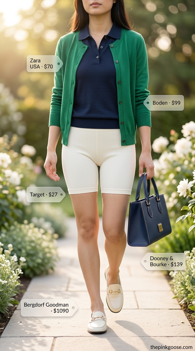 Preppy Summer Leisure: White biker shorts, navy oversized knit polo, emerald cardigan, loafers. Biker shorts with oversized tee outfits summer 2026.
