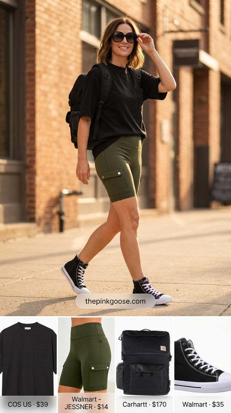 Biker shorts with oversized tee outfits summer for women 2026: Khaki utility biker shorts, oversized black tee, high-tops, urban explorer style.