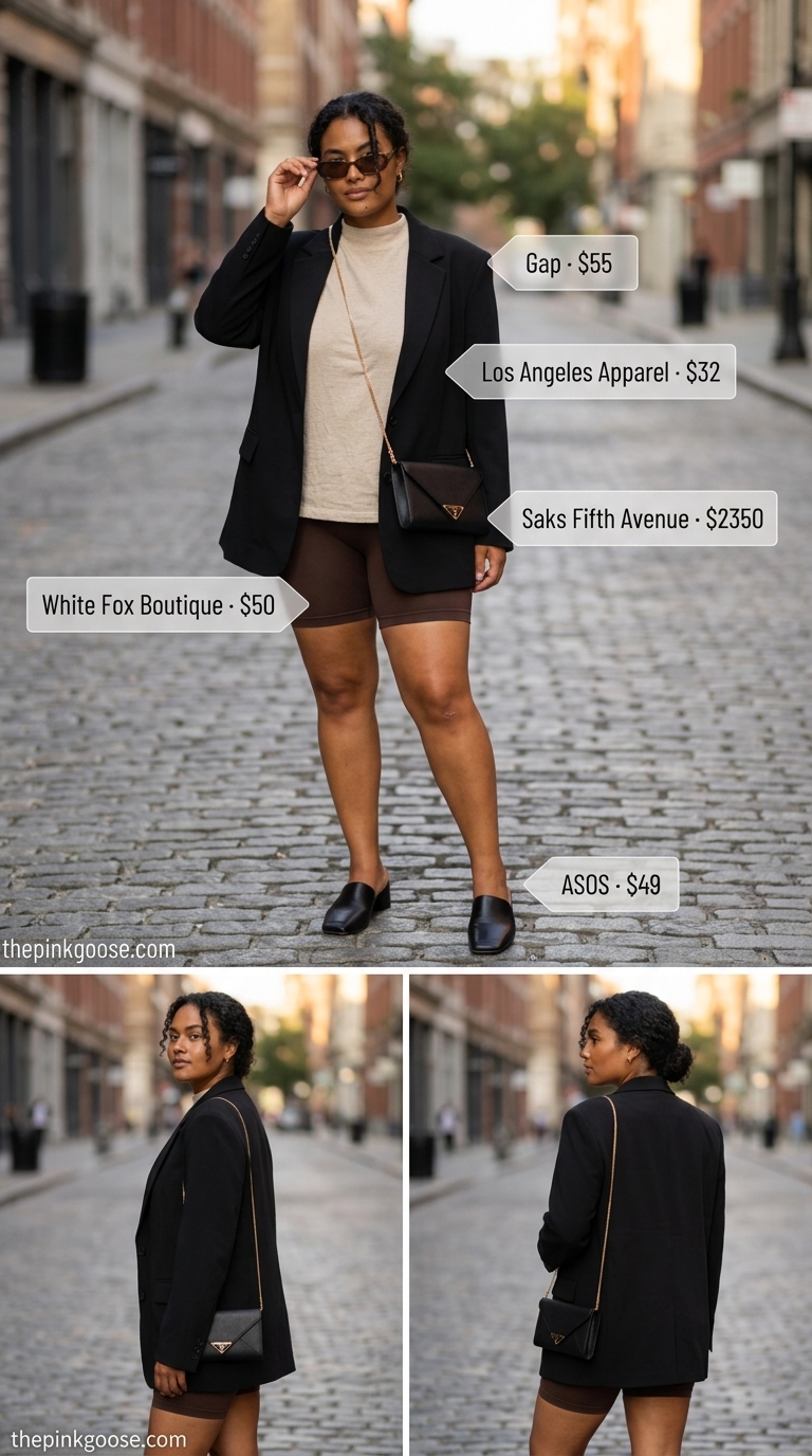 Biker shorts with oversized tee outfits summer for women 2026: Chocolate biker shorts, oversized blazer, mules, sophisticated urban look.